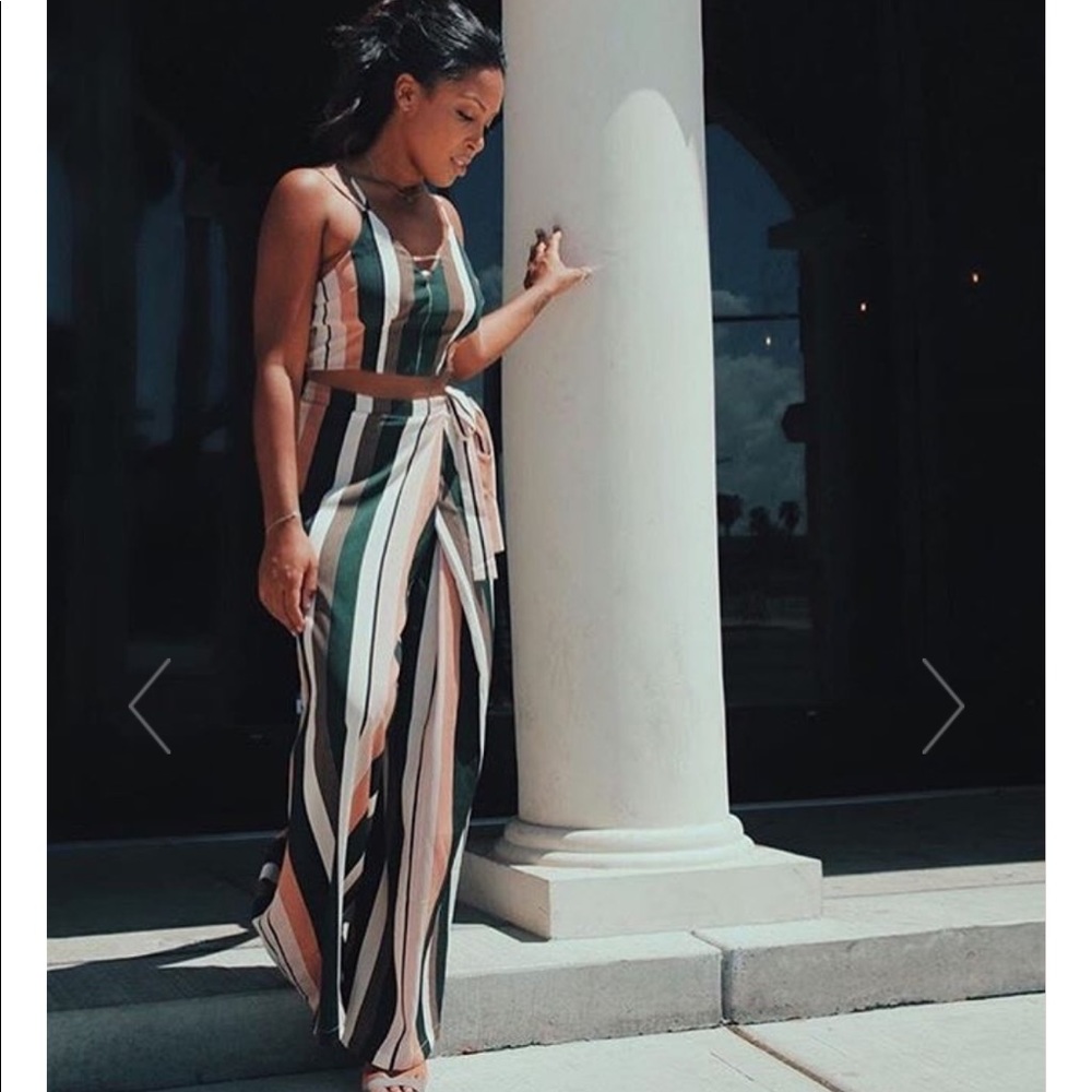 Olive Mauve Striped Faux Wrap Palazzo Set